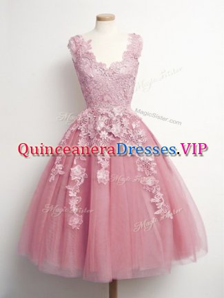 Glamorous Sleeveless Knee Length Appliques Lace Up Dama Dress with Pink
