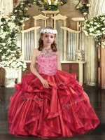Red Organza Lace Up Halter Top Sleeveless Floor Length Pageant Dress Toddler Beading and Ruffles