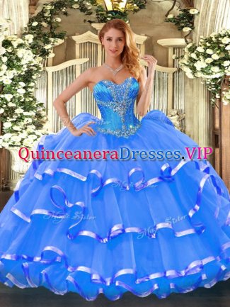 Colorful Blue Sweetheart Lace Up Beading and Ruffled Layers Sweet 16 Dress Sleeveless