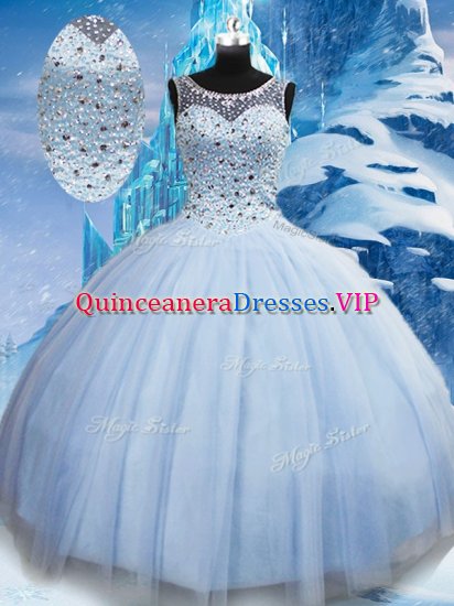 Floor Length Light Blue Sweet 16 Dress Scoop Sleeveless Lace Up - Click Image to Close