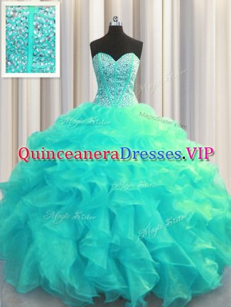 Visible Boning Sweetheart Sleeveless Lace Up Quince Ball Gowns Aqua Blue Organza
