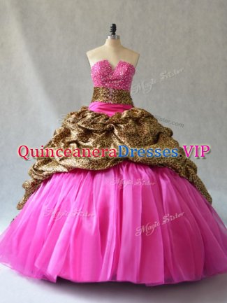 Organza V-neck Sleeveless Brush Train Lace Up Beading and Pick Ups Sweet 16 Dresses in Hot Pink