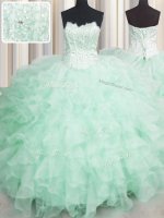Scalloped Visible Boning Sleeveless Floor Length Beading and Ruffles Lace Up Sweet 16 Dress with Apple Green