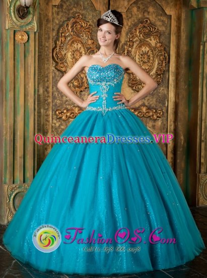 Brand New Teal and Sweetheart Beading and Exquisite Appliques Bodice Paillette Over Skirt For Duisburg Germany Quinceanera - Click Image to Close