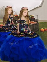 Tulle Straps Sleeveless Lace Up Embroidery and Ruffles Pageant Gowns For Girls in Royal Blue