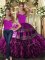 Artistic Fuchsia Lace Up Halter Top Embroidery and Ruffles Quinceanera Dress Organza Sleeveless