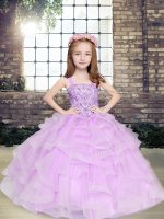 Latest Lavender Tulle Lace Up Straps Sleeveless Floor Length Pageant Dress Wholesale Beading and Ruffles