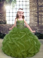 Sleeveless Lace Up Floor Length Beading and Ruffles Kids Pageant Dress