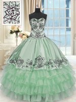 Excellent Sweetheart Sleeveless Quinceanera Dresses Floor Length Beading and Embroidery and Ruffled Layers Apple Green Organza and Taffeta
