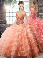 Best Peach Off The Shoulder Neckline Beading and Ruffled Layers Sweet 16 Quinceanera Dress Sleeveless Lace Up