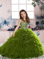 Cheap Floor Length Olive Green Pageant Dress Organza Sleeveless Beading and Ruffles