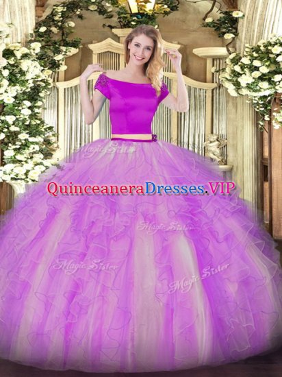 Extravagant Off The Shoulder Short Sleeves Tulle Quince Ball Gowns Appliques and Ruffles Zipper - Click Image to Close