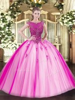 Fantastic Fuchsia Tulle Lace Up Ball Gown Prom Dress Cap Sleeves Floor Length Beading and Appliques