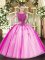 Fantastic Fuchsia Tulle Lace Up Ball Gown Prom Dress Cap Sleeves Floor Length Beading and Appliques
