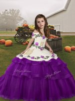 High Class Eggplant Purple Ball Gowns Tulle Straps Sleeveless Embroidery and Ruffled Layers Floor Length Lace Up Little Girl Pageant Gowns