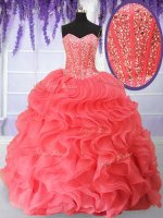 Cheap Organza Sweetheart Sleeveless Lace Up Beading and Ruffles Sweet 16 Dresses in Watermelon Red