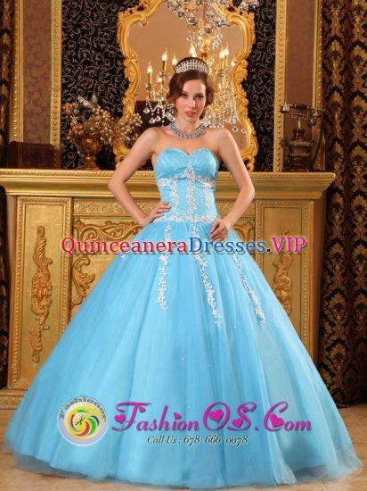 La Romana Dominican Republic Baby Blue and White Appliques Ruching Bodice For Quinceanera Dress With Sweetheart Neckline and Tulle Skirt. - Click Image to Close
