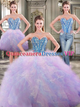 Edgy Three Piece Tulle Sleeveless Floor Length Quinceanera Dress and Beading and Ruffles