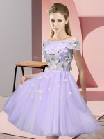 Best Selling Lavender Empire Tulle Off The Shoulder Short Sleeves Appliques Knee Length Lace Up Quinceanera Dama Dress(SKU BMT0365A-12BIZ)
