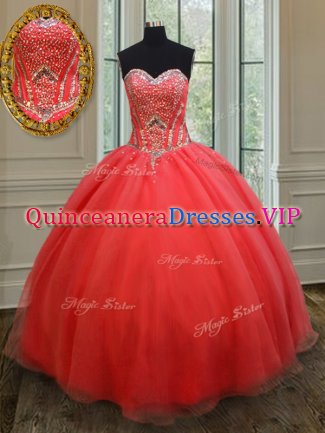 Coral Red Organza Lace Up 15th Birthday Dress Sleeveless Floor Length Beading