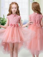 On Sale High Low Zipper Little Girl Pageant Gowns Peach for Wedding Party with Lace and Hand Made Flower(SKU YCLD075BIZ)