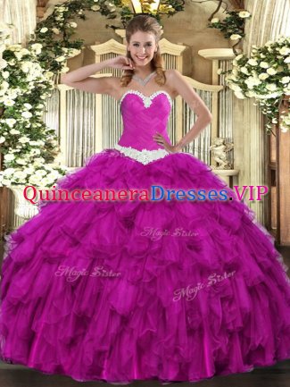 Latest Fuchsia Sweetheart Lace Up Appliques and Ruffles 15th Birthday Dress Sleeveless