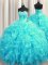 Exceptional Sleeveless Beading and Ruffles Lace Up Quinceanera Dresses with Aqua Blue Brush Train