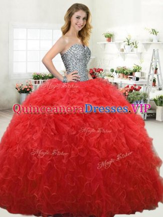 Deluxe Ball Gowns Sweet 16 Dresses Red Sweetheart Tulle Sleeveless Floor Length Lace Up