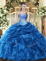 Blue Lace Up 15 Quinceanera Dress Beading and Ruffles and Pick Ups Sleeveless Floor Length