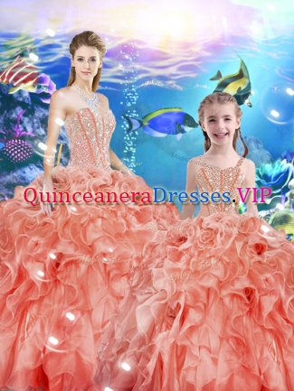 Watermelon Red Ball Gowns Sweetheart Sleeveless Organza Floor Length Lace Up Beading and Ruffles Sweet 16 Quinceanera Dress