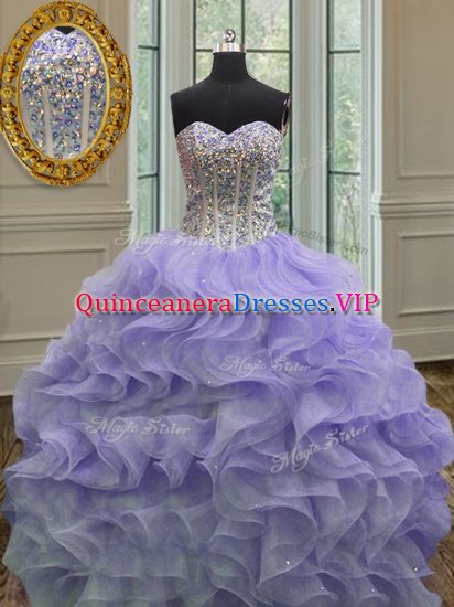 Floor Length Lace Up Sweet 16 Dresses Lavender for Military Ball and Sweet 16 and Quinceanera with Beading and Ruffles - Click Image to Close
