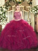Cheap Two Pieces Ball Gown Prom Dress Fuchsia Scoop Tulle Sleeveless Floor Length Lace Up