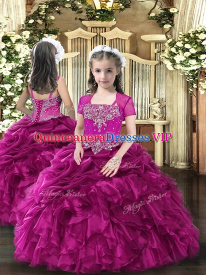 Sleeveless Floor Length Beading and Ruffles Lace Up Kids Formal Wear with Fuchsia - Click Image to Close