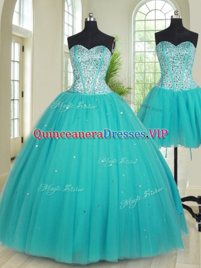 Lovely Three Piece Aqua Blue Sleeveless Tulle Lace Up Quinceanera Dresses for Military Ball and Sweet 16 and Quinceanera - Click Image to Close