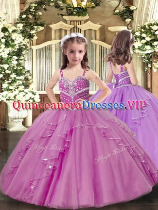 Lilac Straps Lace Up Beading and Ruffles Little Girl Pageant Gowns Sleeveless