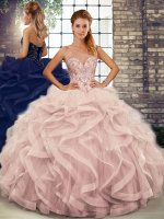 Nice Pink Lace Up Sweetheart Beading and Ruffles Quinceanera Dresses Tulle Sleeveless