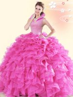 Hot Pink Backless High-neck Beading and Ruffles Quinceanera Gowns Organza Sleeveless