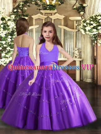 Purple Lace Up Halter Top Beading Child Pageant Dress Tulle Sleeveless