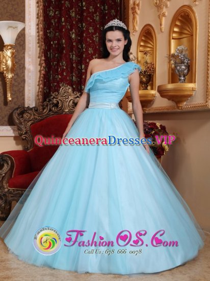 Antioquia colombia Stylish Light Blue Princess Quinceanera Dress For Sweet 16 With One Shoulder Neckline - Click Image to Close