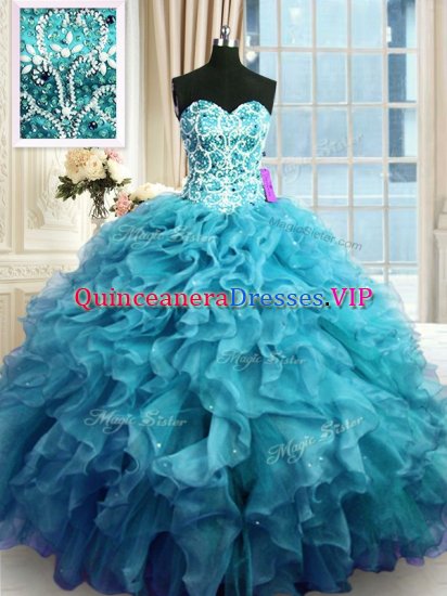 Extravagant Teal Ball Gowns Organza Sweetheart Sleeveless Beading and Ruffles Floor Length Lace Up Quinceanera Gowns - Click Image to Close