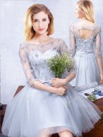 Noble Scoop Knee Length A-line Half Sleeves Grey Court Dresses for Sweet 16 Lace Up