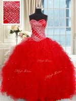 Delicate Ruffled Floor Length Ball Gowns Sleeveless Red 15 Quinceanera Dress Lace Up