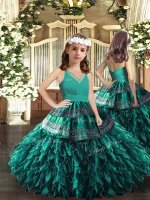 Turquoise Zipper V-neck Appliques and Ruffles Little Girls Pageant Gowns Organza Sleeveless