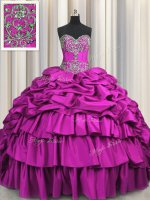 Brush Train Fuchsia 15 Quinceanera Dress Military Ball and Sweet 16 and Quinceanera with Beading and Embroidery and Ruffled Layers and Pick Ups Sweetheart Sleeveless Lace Up