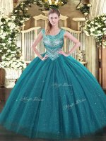 Customized Floor Length Lace Up Quinceanera Dress Teal for Sweet 16 and Quinceanera with Beading