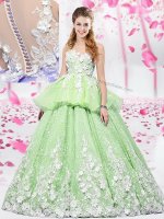 Trendy Yellow Green Ball Gowns Scoop Sleeveless Organza and Tulle Floor Length Lace Up Lace and Appliques Sweet 16 Quinceanera Dress