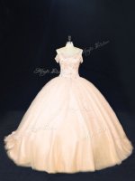 Classical Peach Zipper Off The Shoulder Beading Quinceanera Gown Tulle Sleeveless Court Train