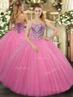 Rose Pink Lace Up Sweetheart Beading Sweet 16 Quinceanera Dress Tulle Sleeveless