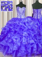 Glamorous Purple Sleeveless Beading and Ruffles Floor Length Quince Ball Gowns