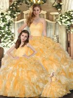 Gold Sleeveless Floor Length Beading and Ruffles Lace Up Quinceanera Dresses